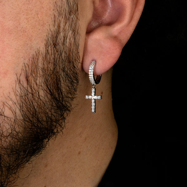 Cross Hoop Earrings in White Gold