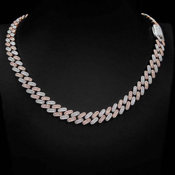 VVS 12mm Cluster Cuban Link Necklace in 2 Tone White & Rose Gold