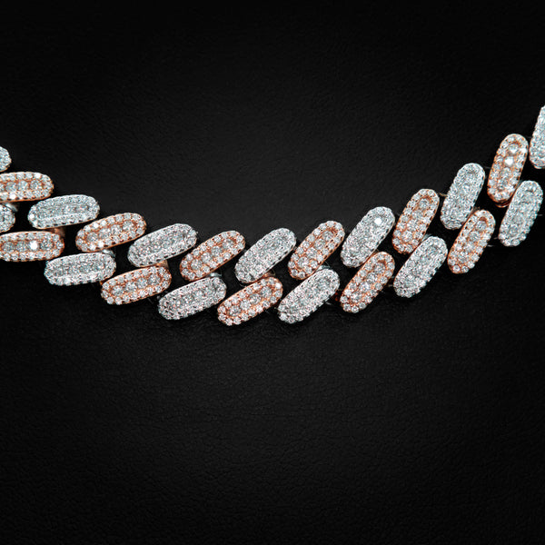 VVS 12mm Cluster Cuban Link Necklace in 2 Tone White & Rose Gold