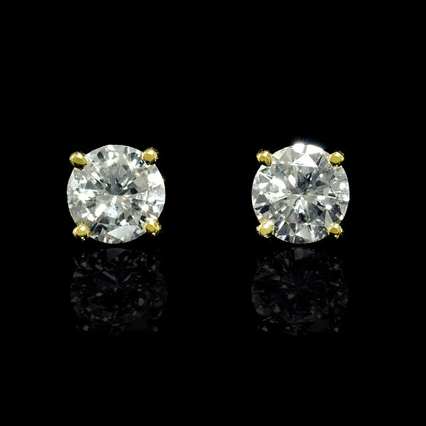 Sterling Silver Round Cut Solitaire Studded Earrings in Yellow Gold