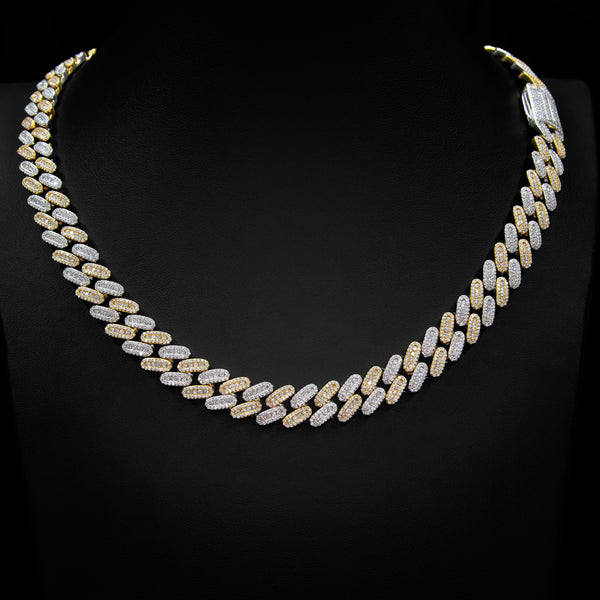 VVS 12mm Cluster Cuban Link Necklace in 2 Tone White & Yellow Gold