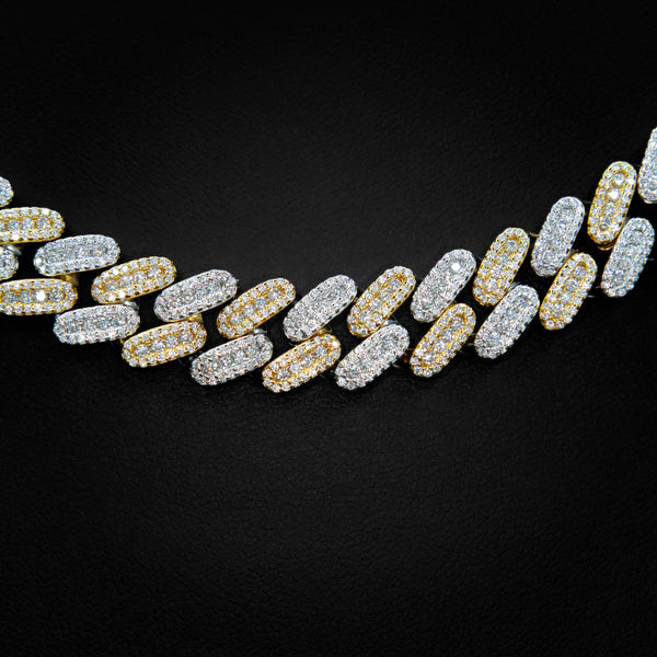 VVS 12mm Cluster Cuban Link Necklace in 2 Tone White & Yellow Gold